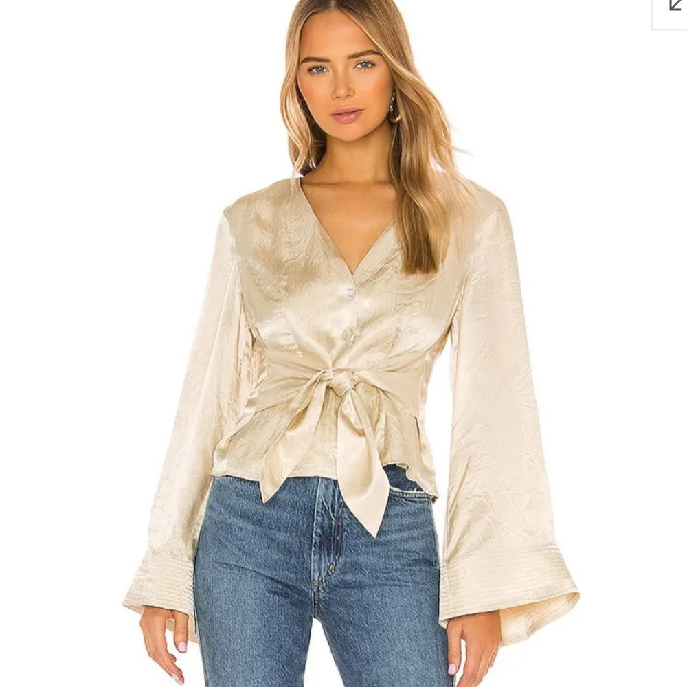House of Harlow 1960 Satin Tie-Waist Blouse in Champagne Cream